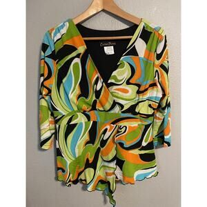 Cactus Flower Blouse Womens Large Multicolor 70s Style Psychedelic Top USA